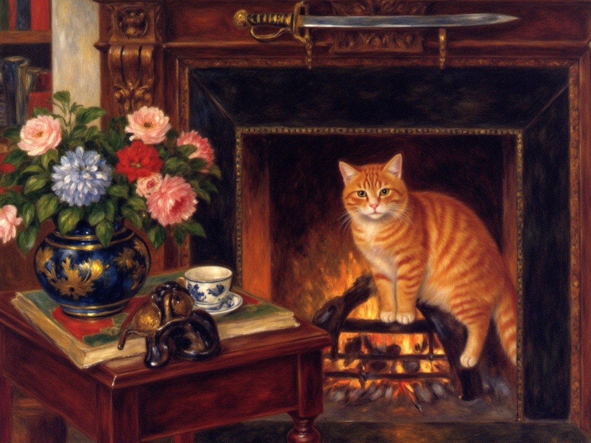 Cozy Interior with Fireplace and Orange Tabby Cat