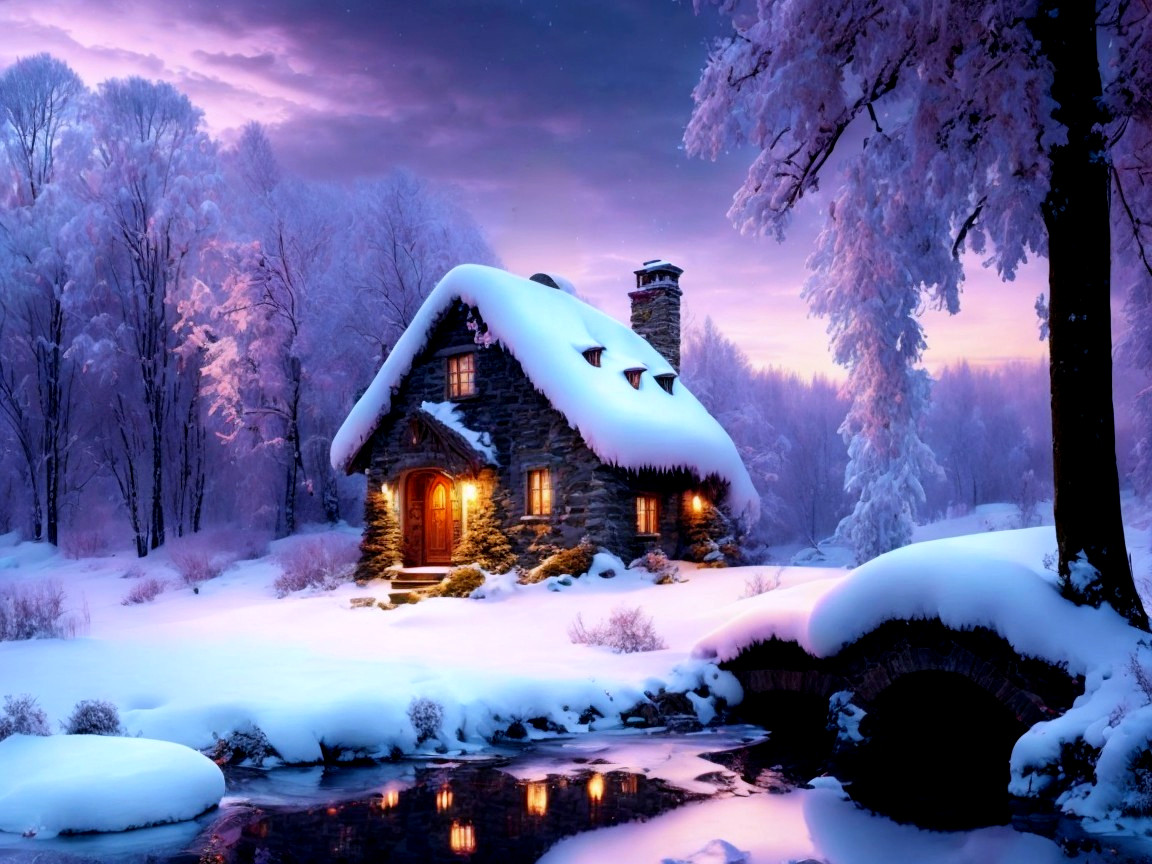 Stone cottage in snowy landscape at twilight