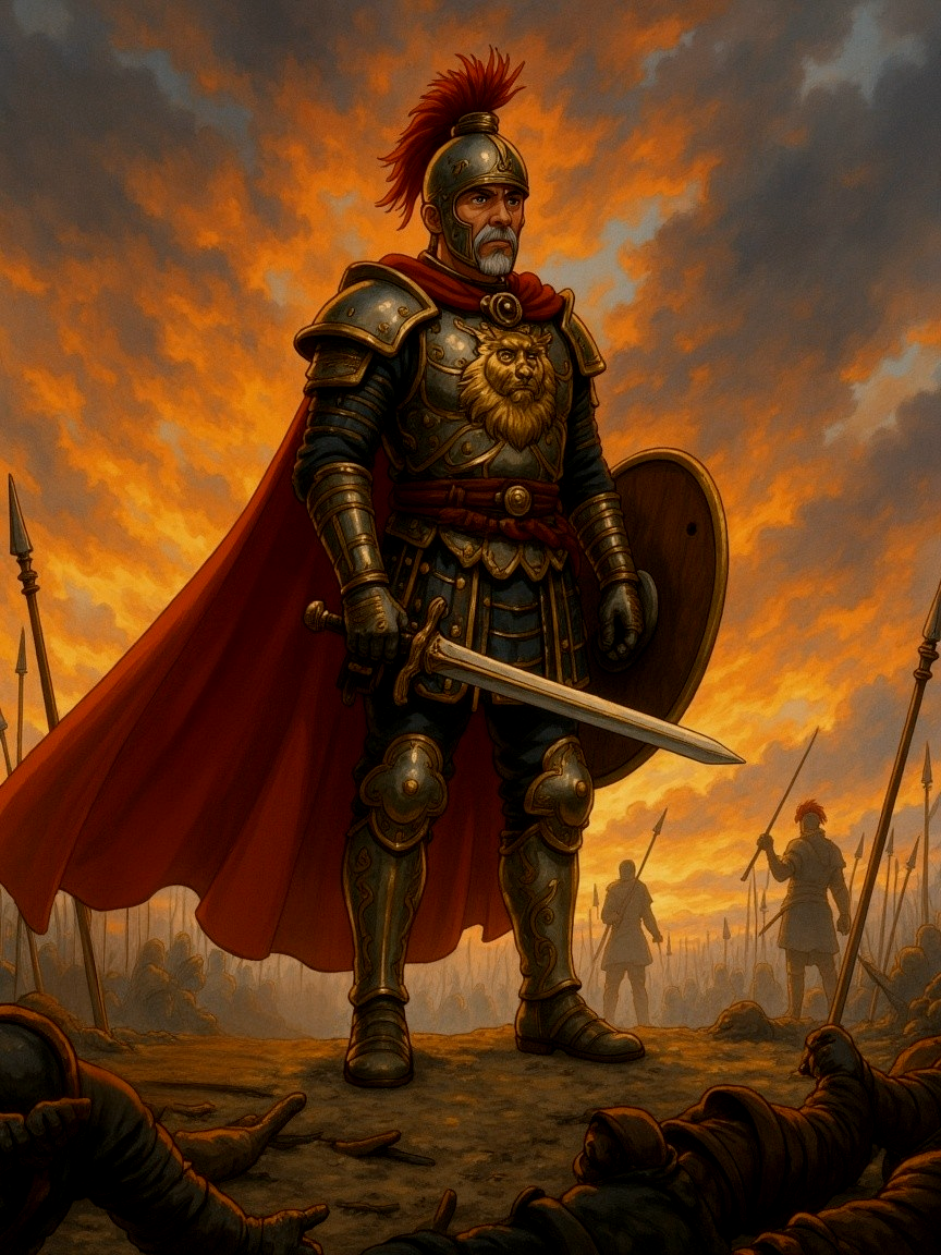 Knight in Ornate Armor on Battlefield at Sunset
