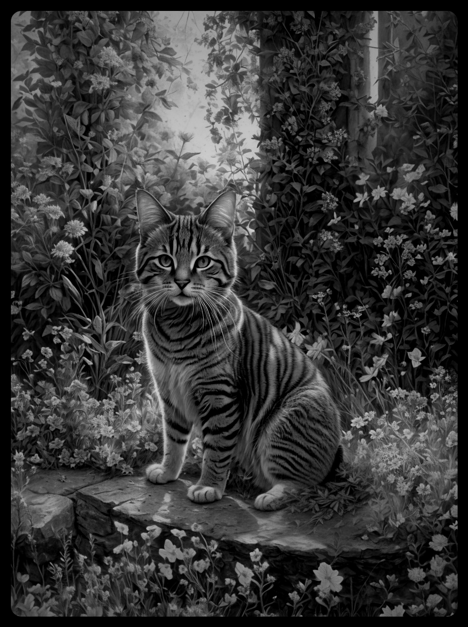 Grayscale Tabby Cat on Stone with Floral Background