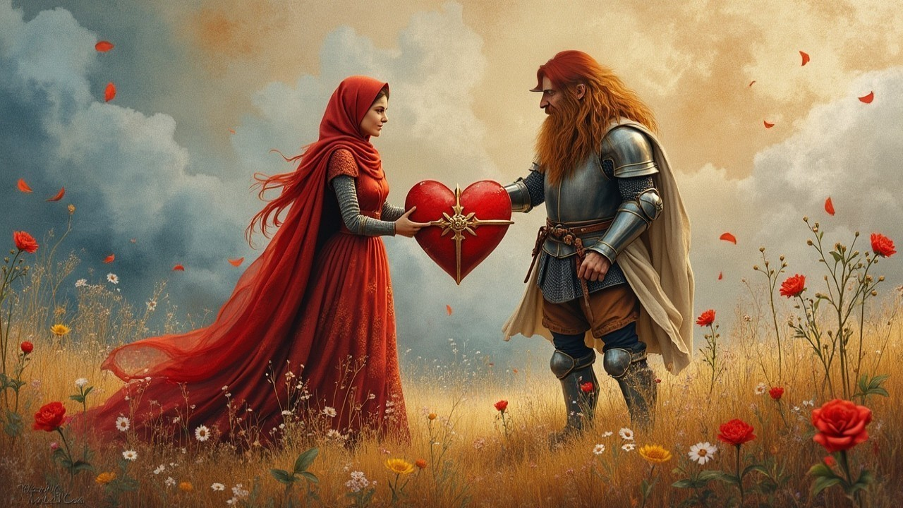 Woman in Red Cloak and Knight with Heart Symbol