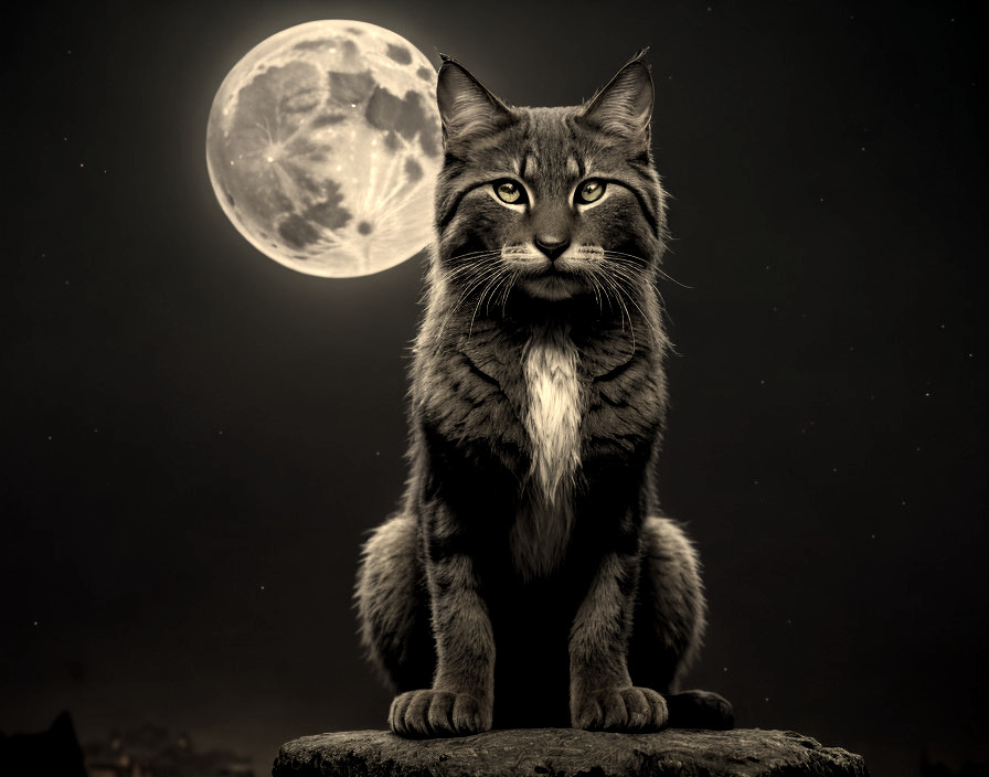 Majestic cat on rock under full moonlight