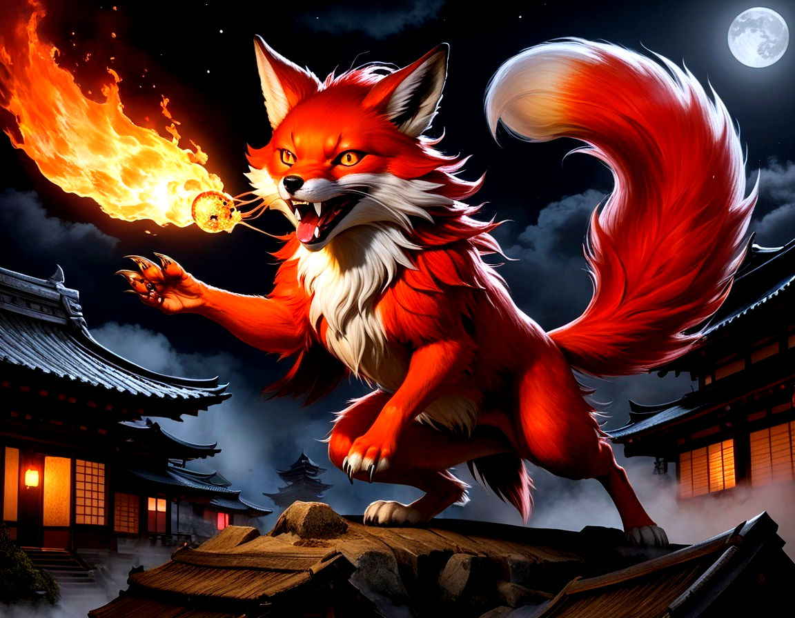 Red fox with fiery sphere under moonlight backdrop