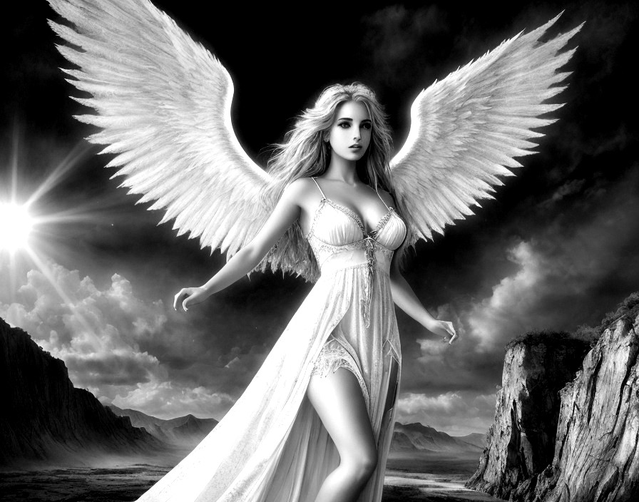 Mystical figure with wings in dramatic landscape scene