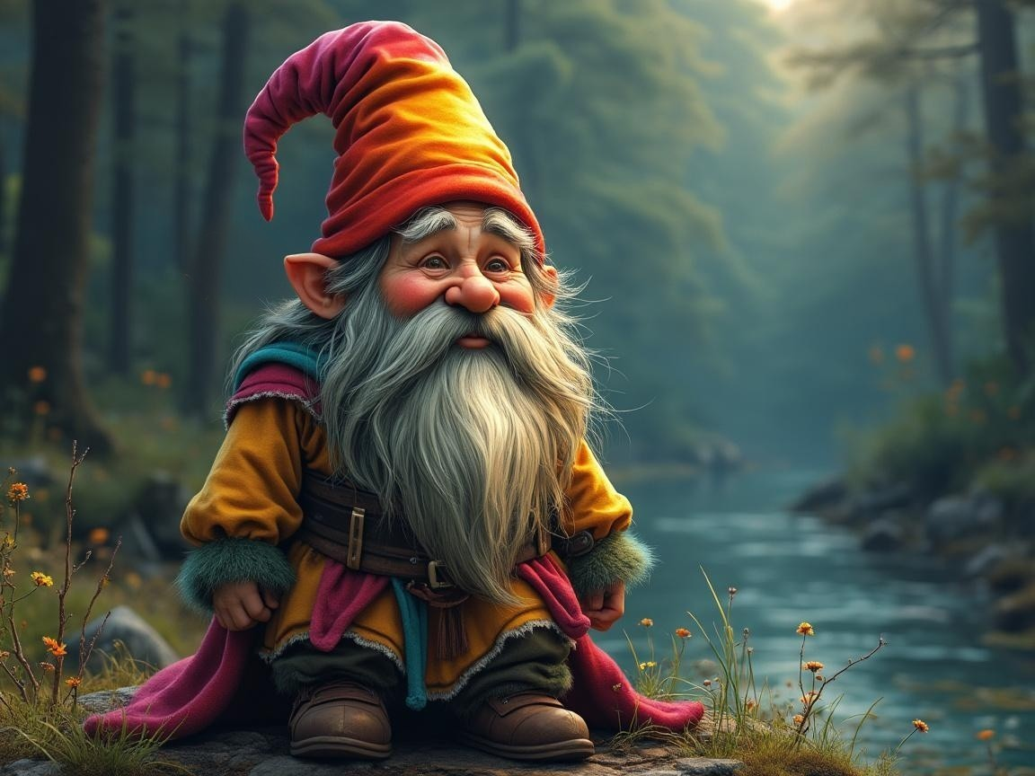 Whimsical gnome by serene riverbank in lush greenery