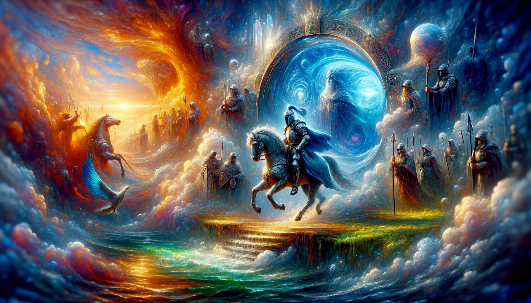 Vibrant Cosmic Scene with Portal and Majestic Figures