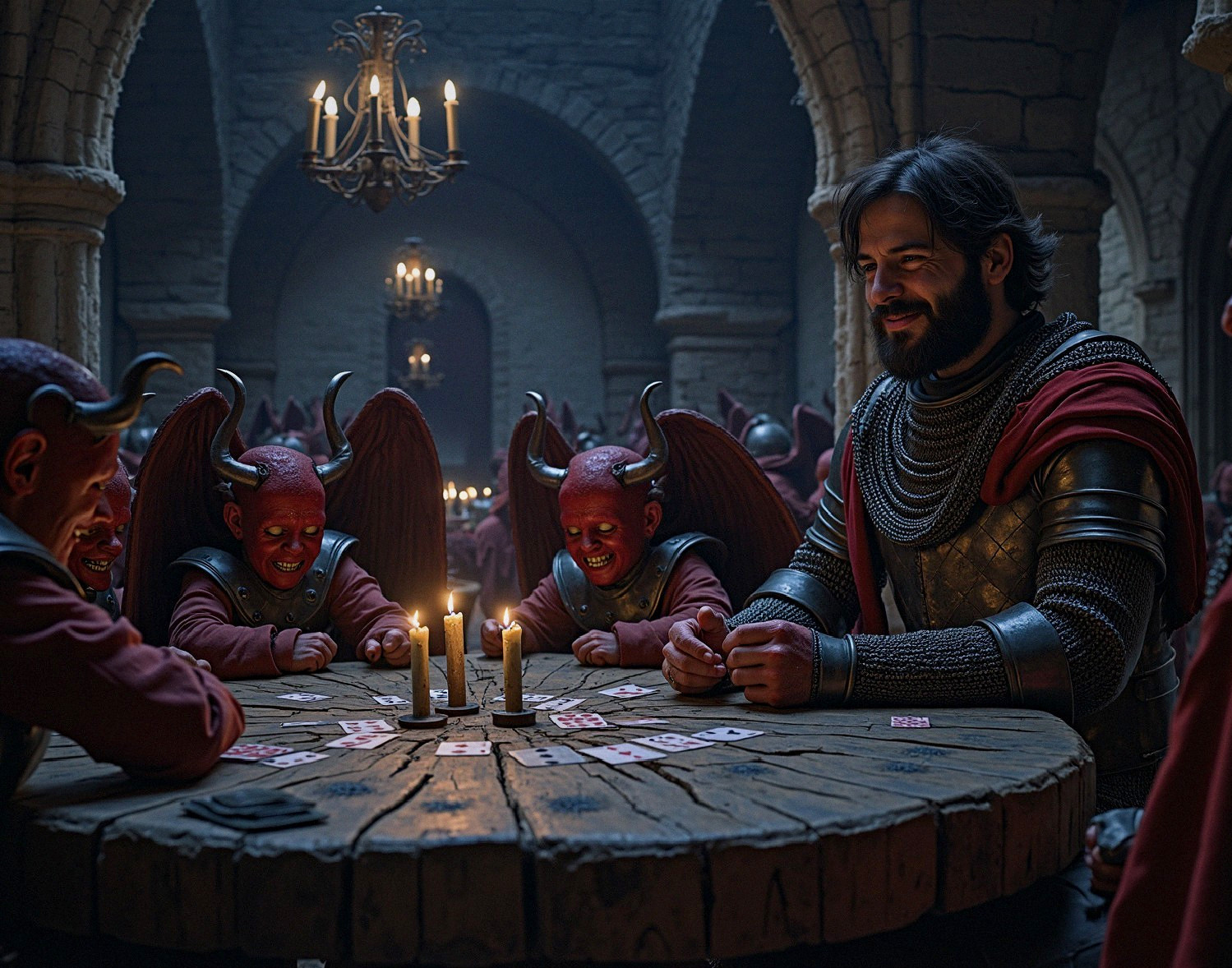 Medieval Chamber with Demons and Knight Playing Cards