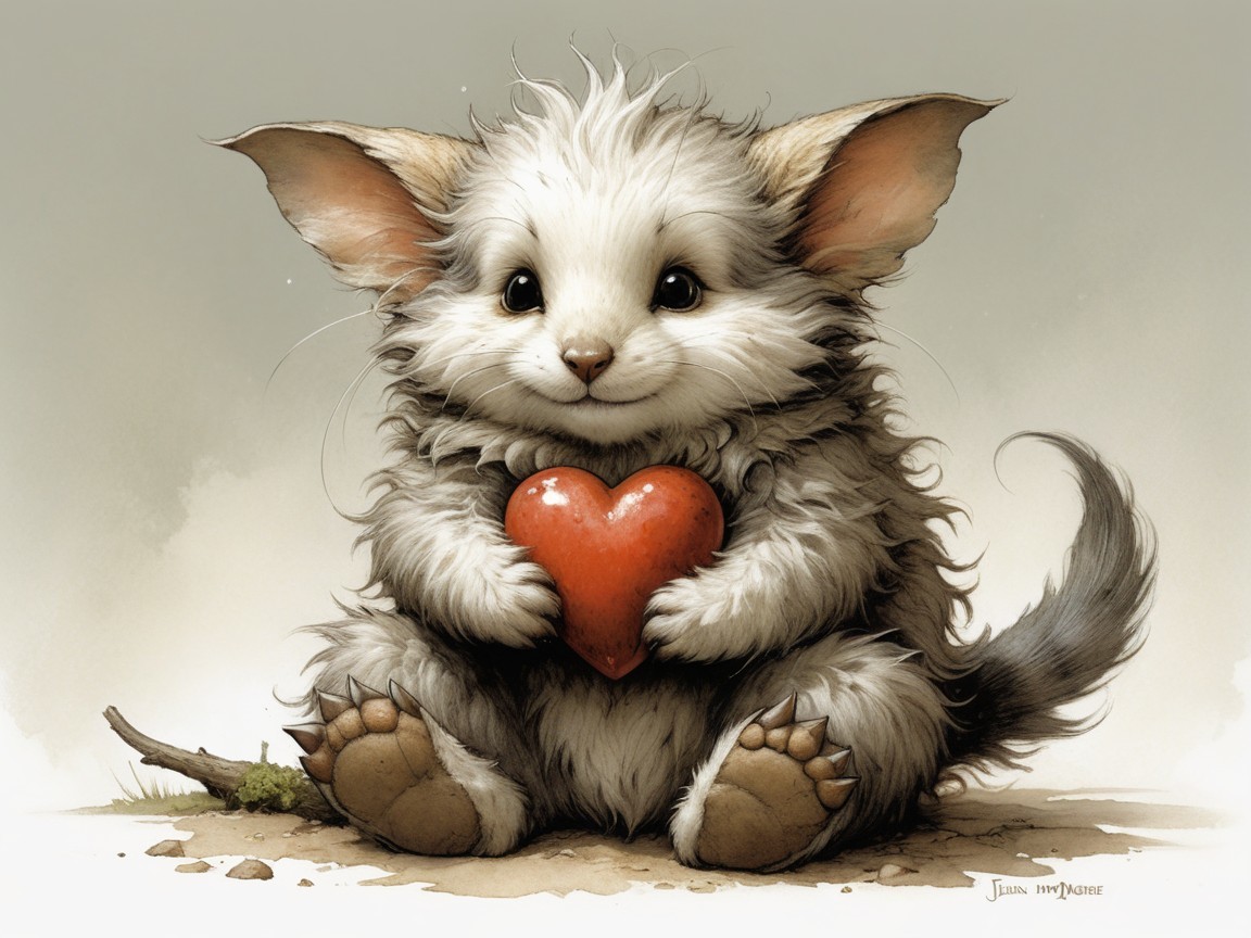 Fluffy Creature with Heart on Gentle Surface