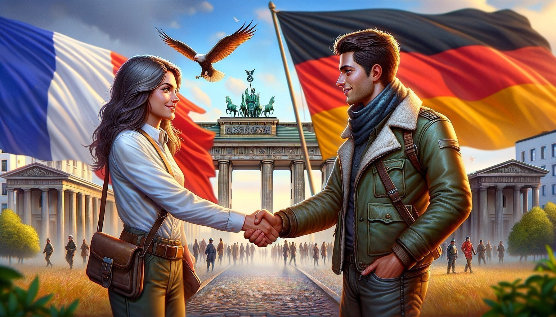 Man and woman handshake at Brandenburg Gate with French and German flags - Unity symbolized