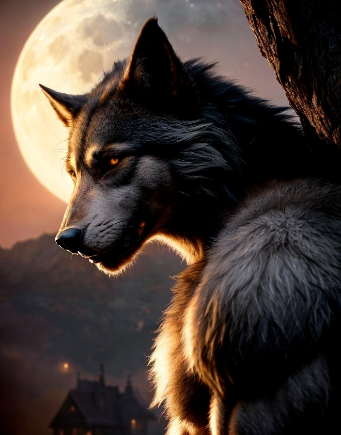 Wolf Silhouetted by Full Moon Over Dark Mountains
