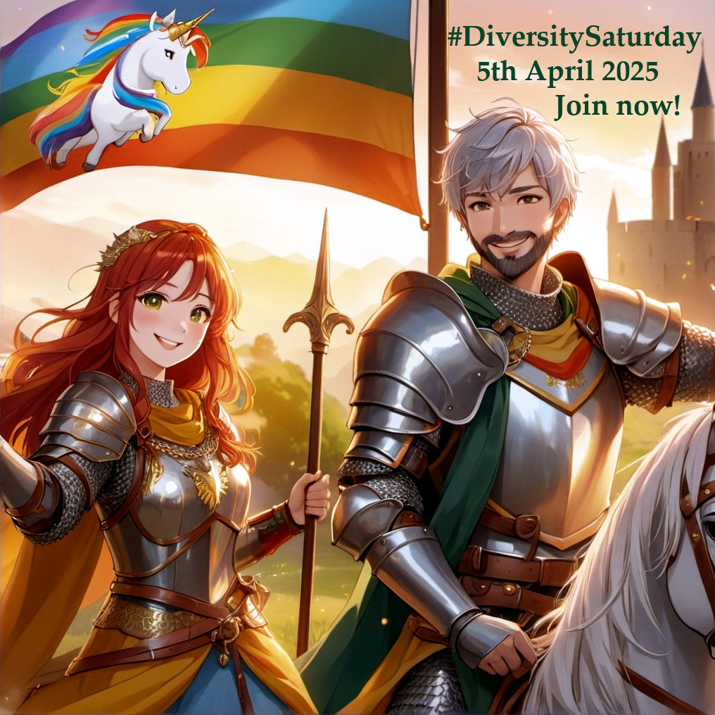Knights in Armor with Colorful Flag and Unicorn Background