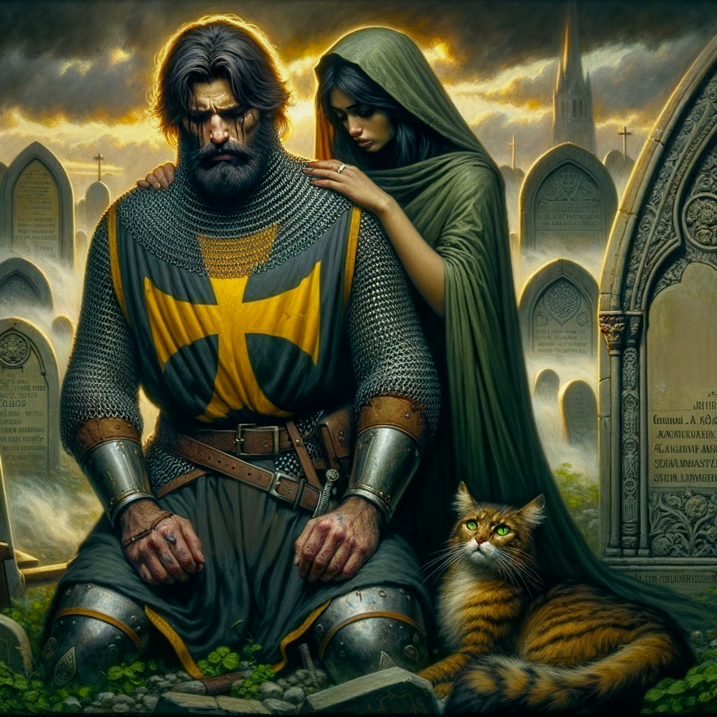 Knight in Armor with Woman and Cat by Gravestones