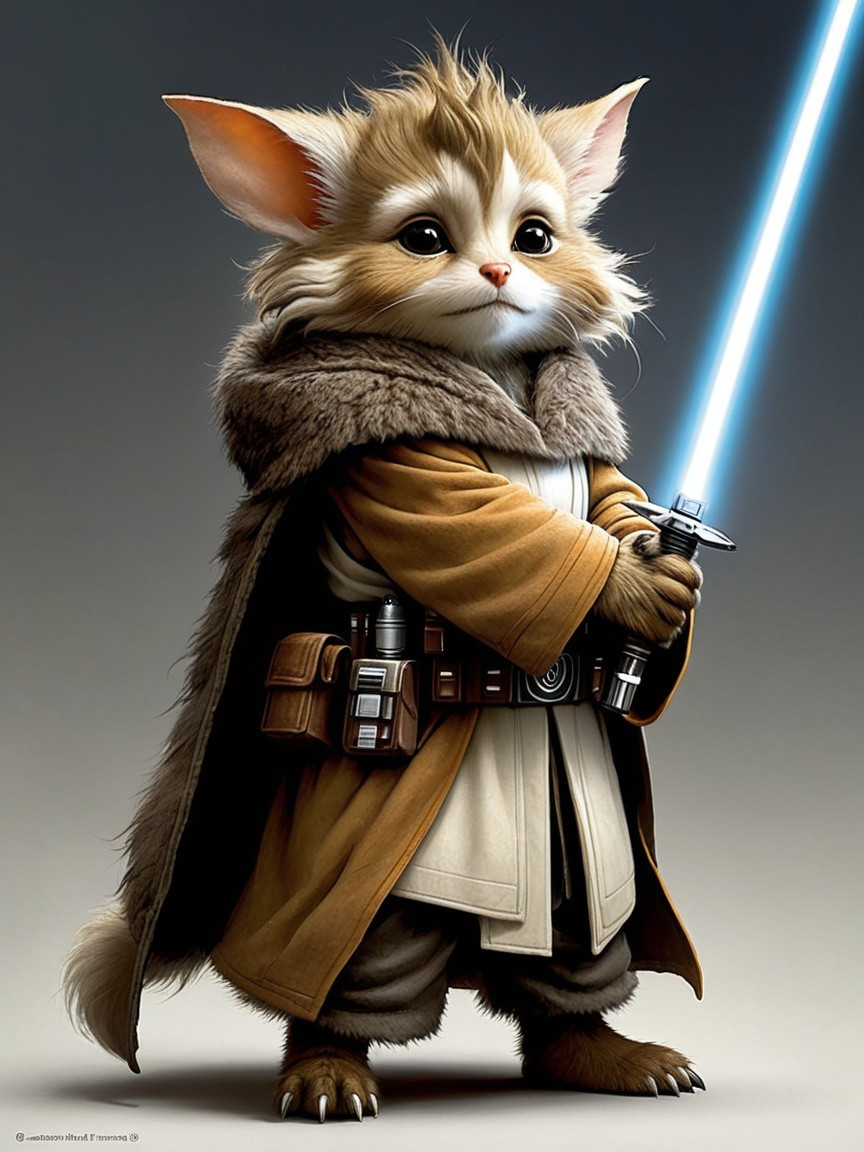 Whimsical Furry Character with Blue Lightsaber