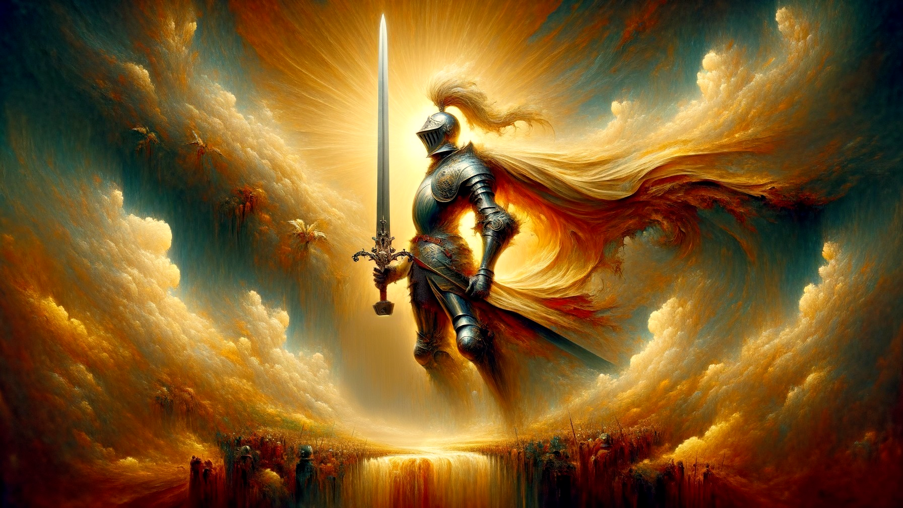 Knight in Armor Against Dreamlike Sky with Sword