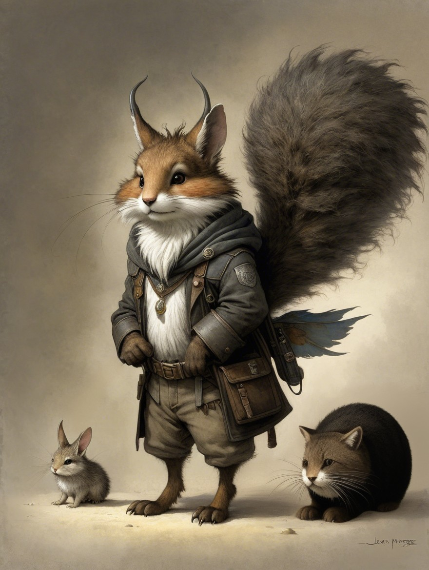Stylish Anthropomorphic Fox with Bunny and Cat Scene