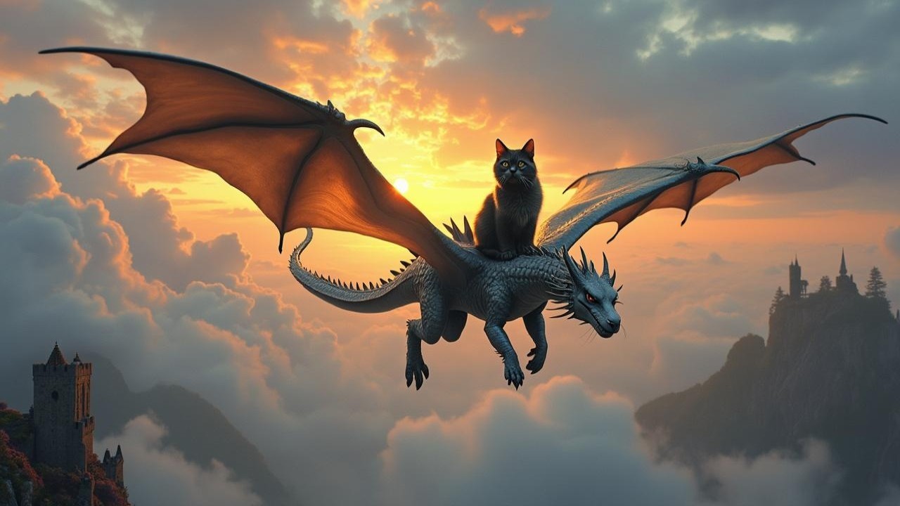 Dragon Flying at Sunset with Cat on Its Back