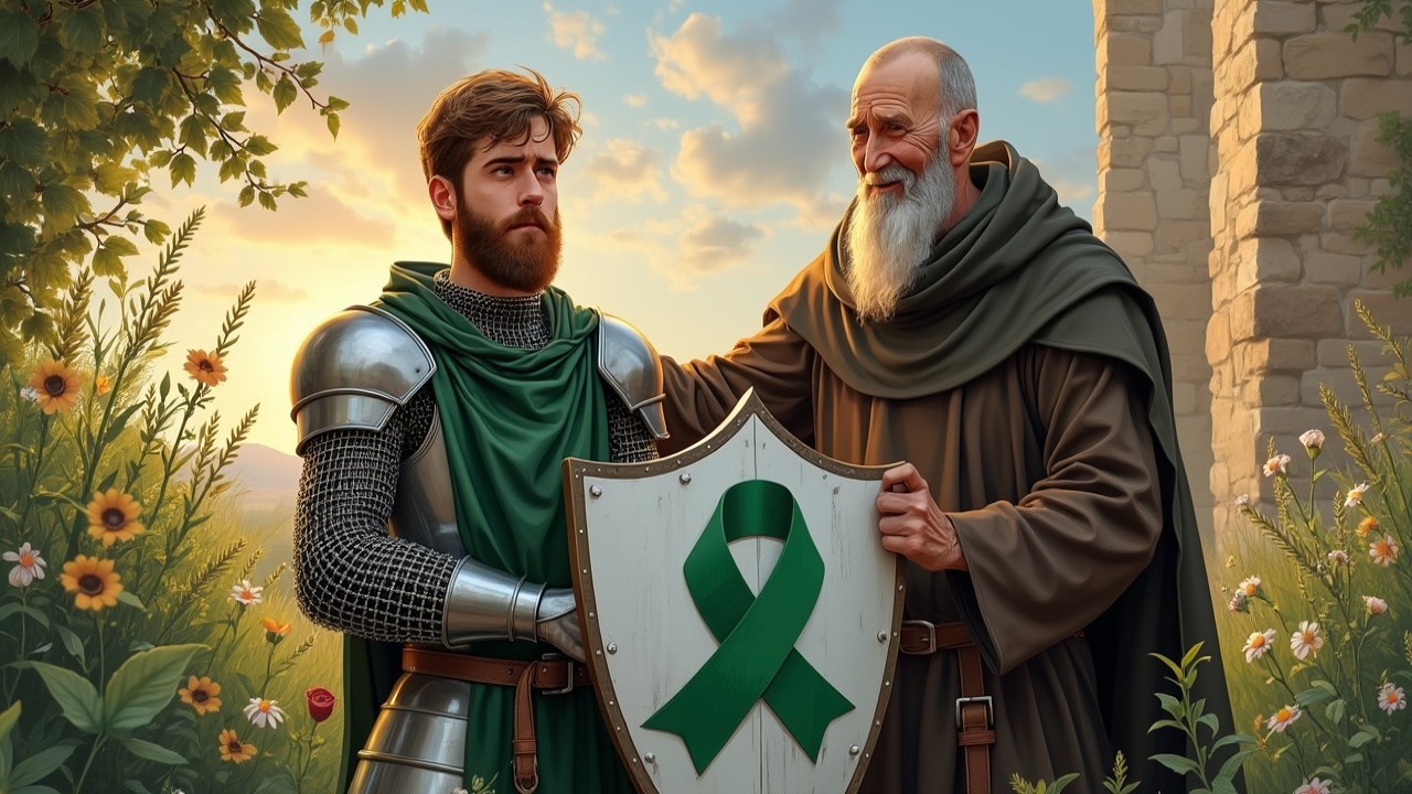 Knight and Elder in a Serene Sunset Garden Scene