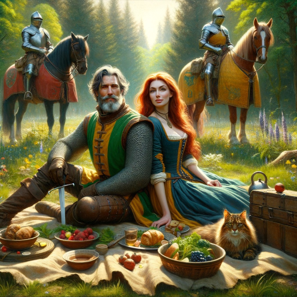 Medieval Picnic Scene with Knights and a Cat