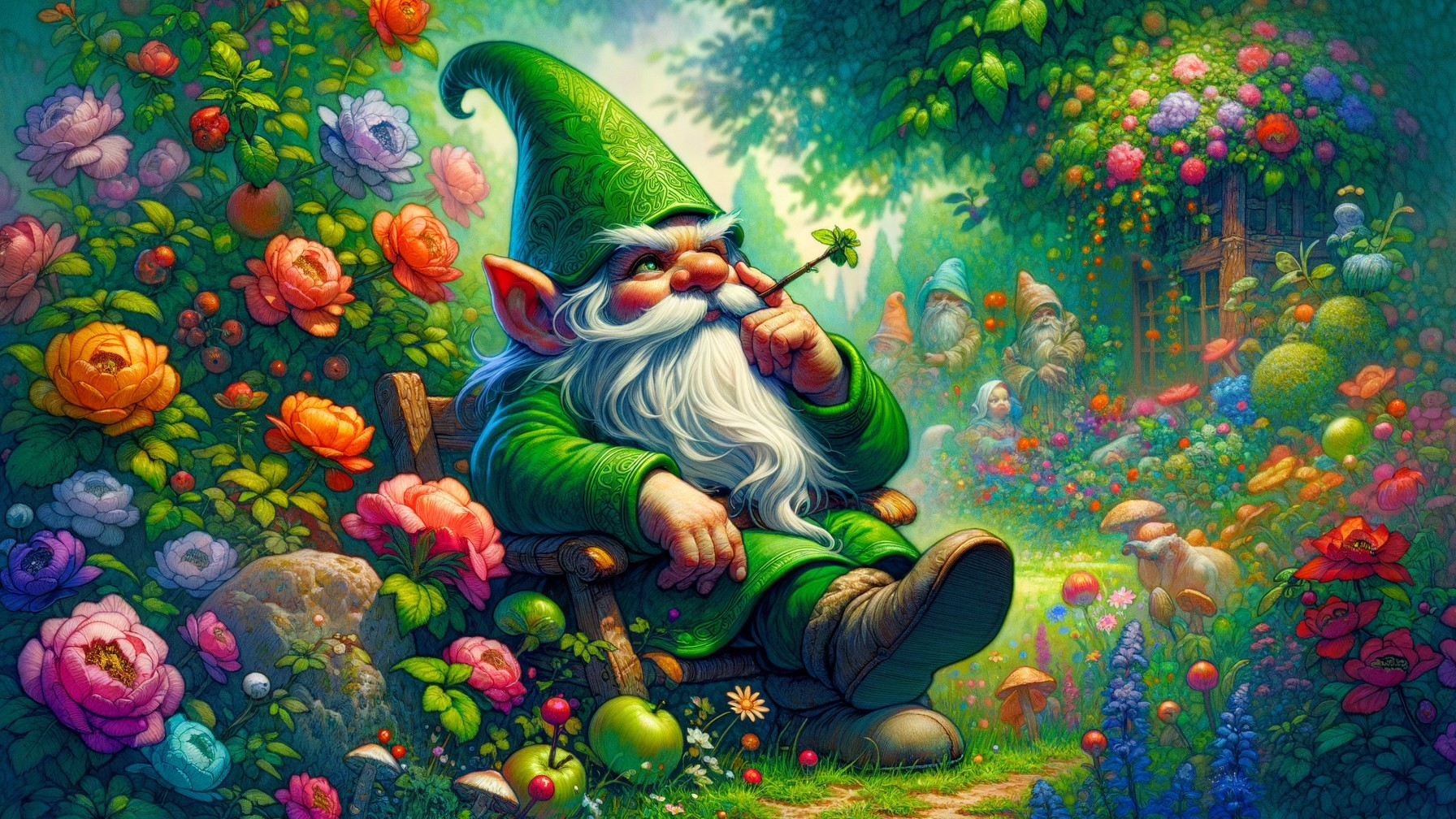Whimsical Gnome in a Colorful Enchanted Garden