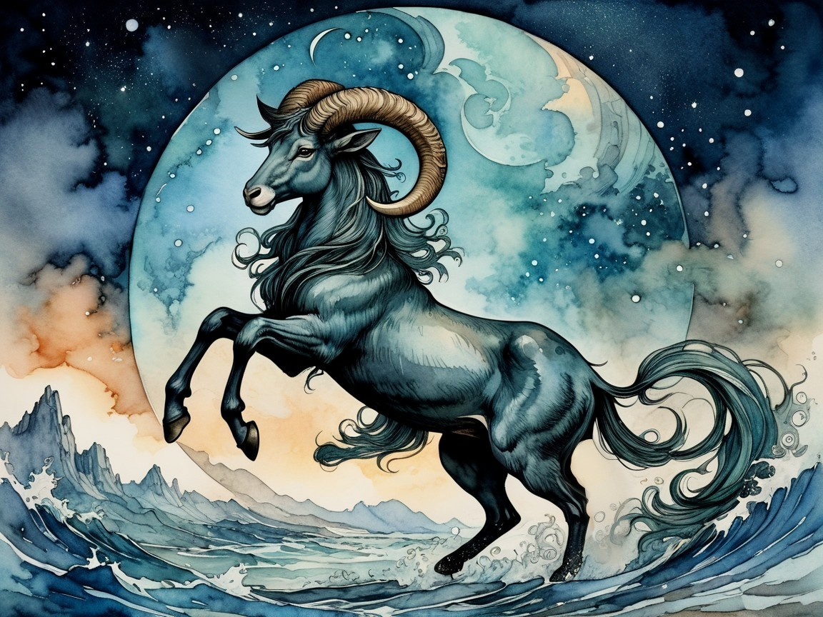 Mythical Goat Creature Against Celestial Moonlit Waves