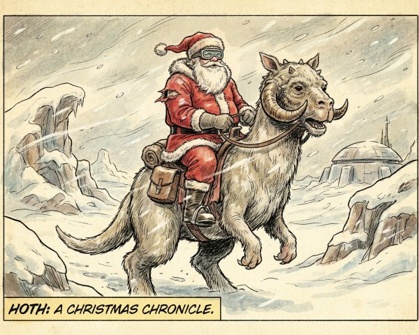 Santa Claus on Tauntaun in Snowy Landscape Illustration