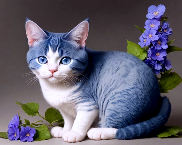Charming Cat with Blue Eyes Amid Purple Flowers