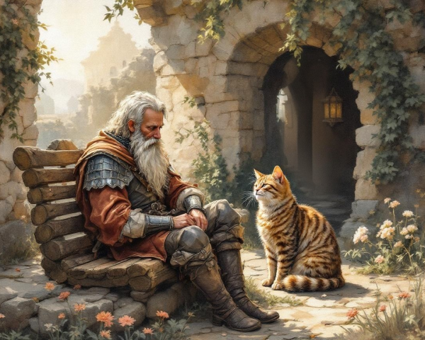 Wise Warrior and Cat in Tranquil Ruins Scene