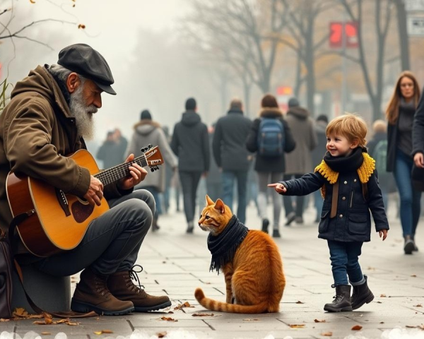 Elderly Man Playing Guitar with Cat and Child Nearby