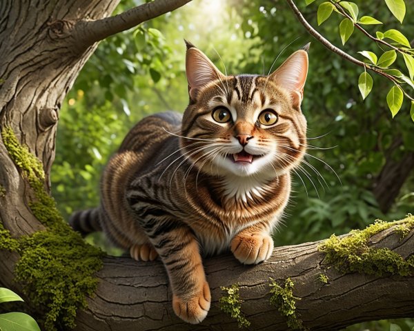 Playful tabby cat lounging on a tree branch