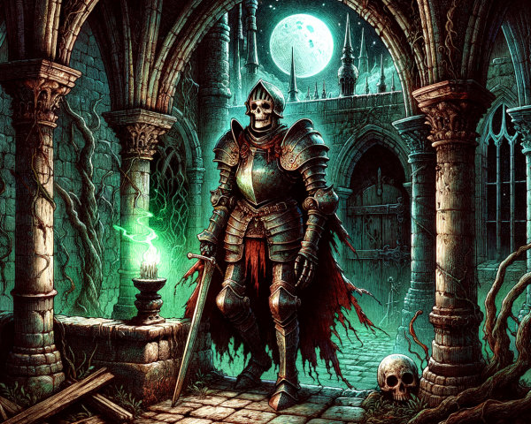 Skeleton Knight in Dimly Lit Ancient Stone Hallway