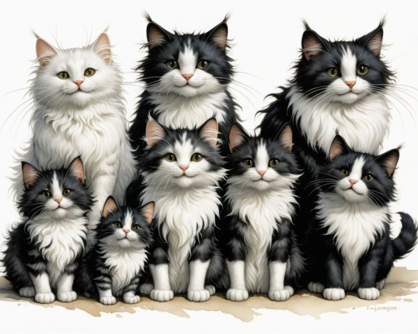 Nine Cats in Pyramid Formation with Fluffy Coats