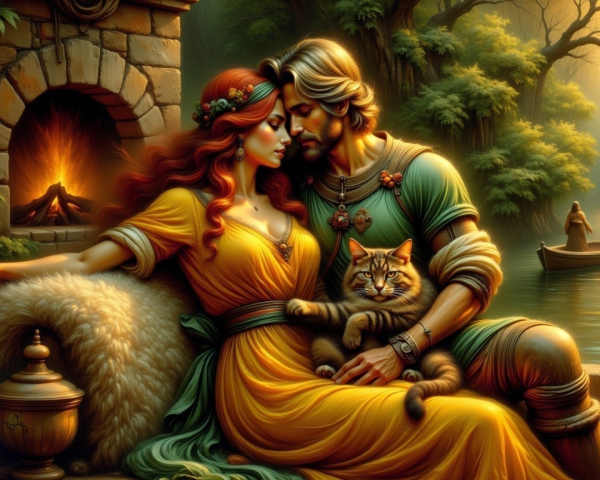 Couple by Riverbank with Cat in Romantic Setting
