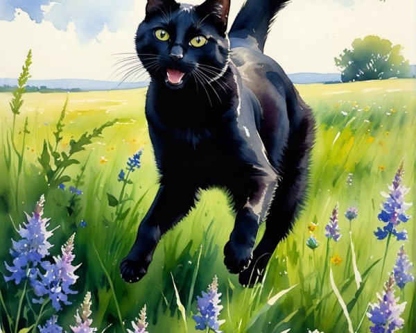 Watercolor Painting of Black Cat in Green Field