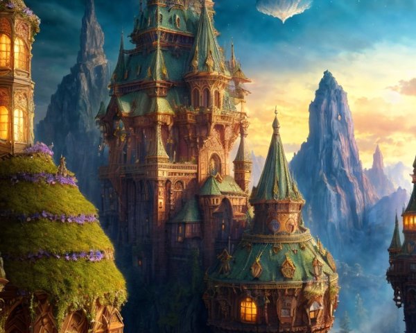 Majestic castle on a cliff with vibrant greenery and spires
