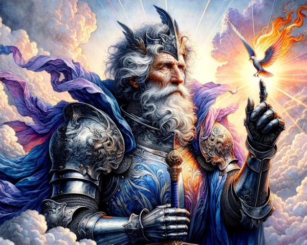 Majestic armored figure with phoenix in radiant clouds