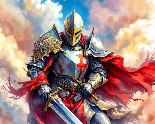 Knight in Silver Armor with Sword and Red Cape