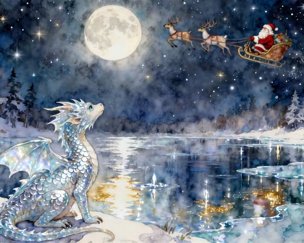 Whimsical Winter Night Scene with Dragon and Santa