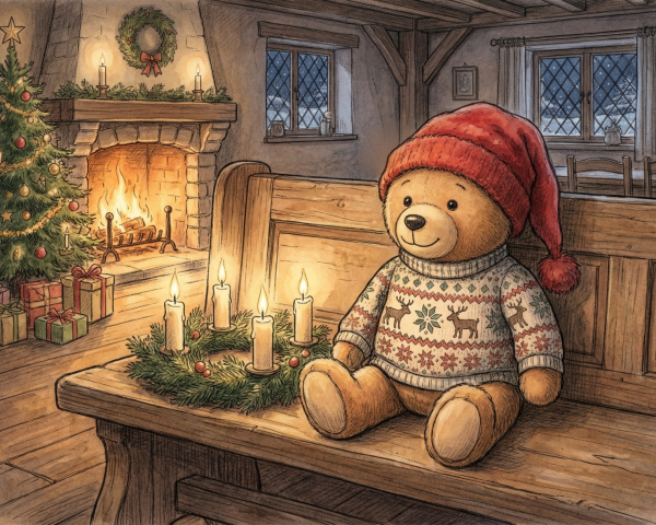 Teddy Bear and Festive Christmas Scene with Decor