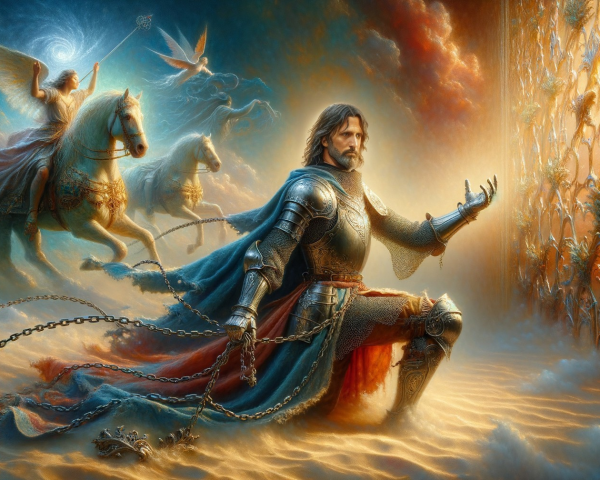 Knight in Armor Reaches for Celestial Portal
