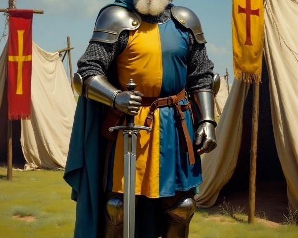 Noble Knight in Blue and Yellow Attire with Sword