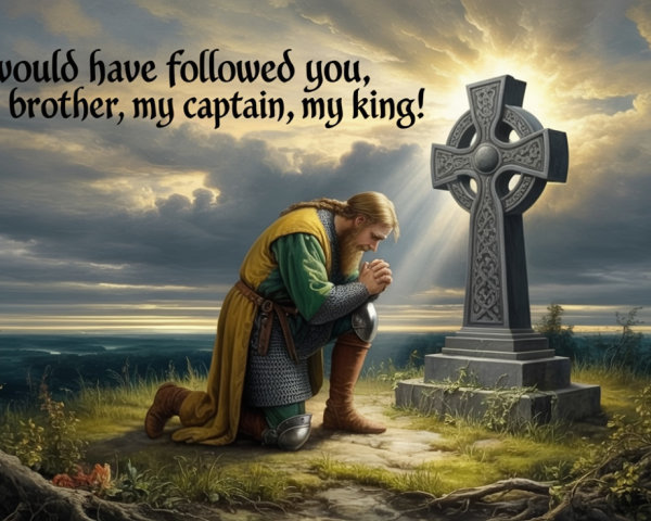 Medieval Warrior Praying at Sunrise by Gravestone
