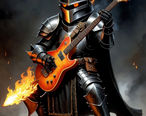 Fierce warrior in dark armor with flaming guitar