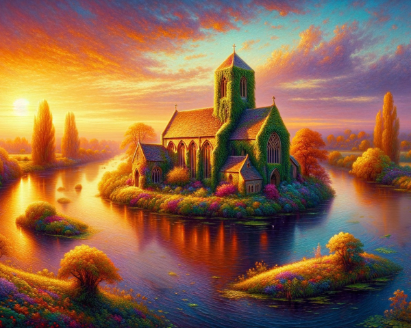 Charming Church Surrounded by Vibrant Foliage at Sunset