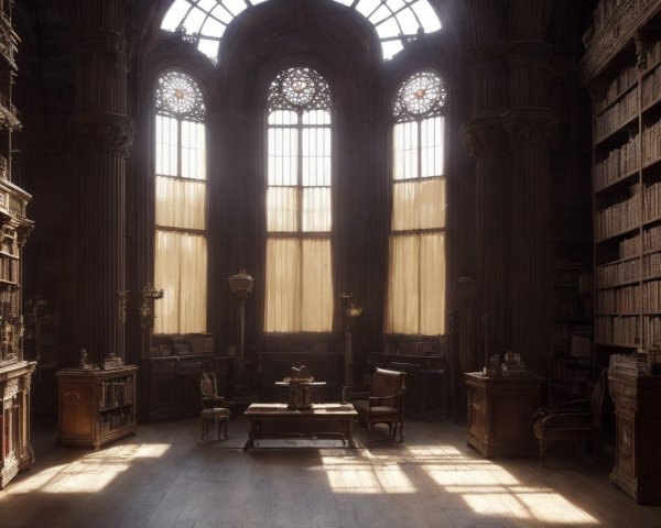 Grand Dimly Lit Library with Ancient Tomes and Elegance