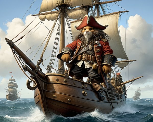 Pirate Ship with Anthropomorphic Cat at the Bow