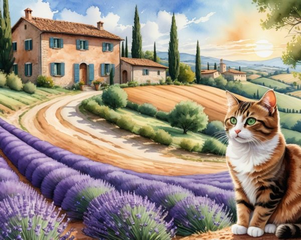 Countryside Scene with Stone House and Lavender Fields