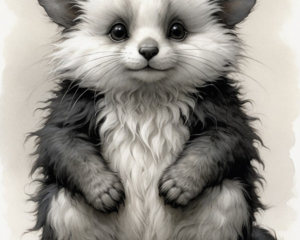 Fluffy Creature with Black and White Fur and Innocent Eyes