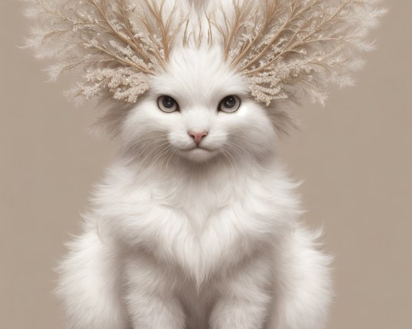 Fluffy White Feline with Whimsical Antler-Like Decor