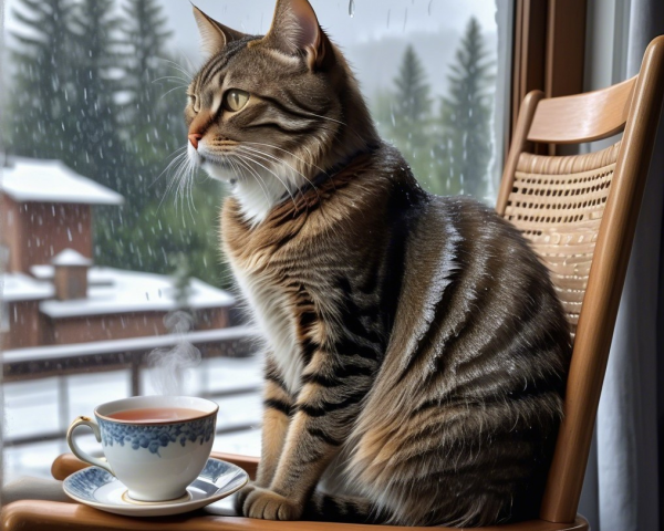 Tabby Cat by Window in Serene Winter Scene