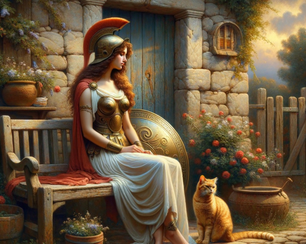 Regal Warrior in Armor on Rustic Bench by Cottage